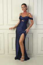 Kadın İp Askılı Düşük Kol Önü Drapeli Pencereli Astarlı Uzun Saten Elbise