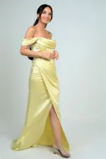 Kadın Straplez Düşük Kollu Astarlı Balenli Saten Uzun Elbise