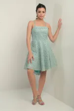 Women's Strappy Lined Short Flared Dress with Glitter Flock Print