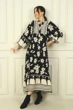 Women's Half-Front Floral Patterned Ruffled Oversize Long Dress