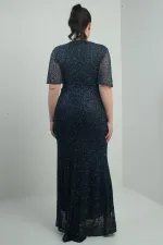 Kadın V Yaka Astarlı Önü Düğüm Detaylı Boru Boncuk İşlemeli Büyük Beden Uzun Elbise