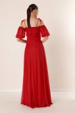 Long Dress with Pleated Neckline, Balloon Sleeves, Lined, and Glittery Embellishments.
