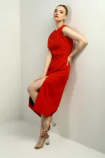 Kadın Kendinden Telalı Önü Yırtmaçlı Midi Elbise