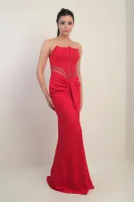 Robe longue bustier pour femme avec détails perlés et doublure transparente à la taille