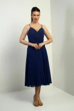 Women's Strappy Wrap Neckline Lined Lace-Up Back Flared Chiffon Dress