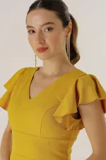 Ön Arka V Yaka Kolları Volanlı Astarlı Krep Elbise