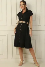 Women's Collared, Off-Shoulder, Double-Pocket, Belted Linen-Effect Dress