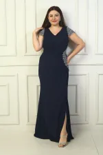 Ön Arka V Yaka Kol Ve Bel Taş Detaylı Astarlı Drapeli Simli Büyük Beden Likralı Uzun Elbise