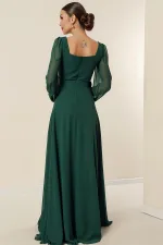 Kare Yaka Beli Kemerli Astarlı Şifon Uzun Abiye