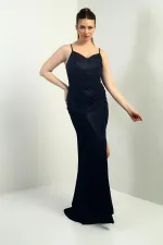 Women's Long Glittery Dress with Pleated and Lined Skirt and Rope Straps