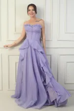 Robe de soirée longue pour femme, sans bretelles, boutonnée sur le devant, lacée au dos, à jupe à volants