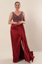 Plus Size Long Satin Dress with Tulle and Stone Embellishments and Lining