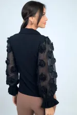 Kadın Önü Düğmeli Kolları Organze 3 Boyut Çiçekli Tasarim Bluz