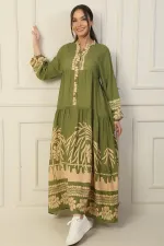 Long, half-buttoned, elasticated sleeve, printed modest dress.