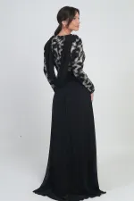 Kadın Çiçekli Kemer Detaylı Üstü Pullu Astarlı Şifon Uzun Elbise