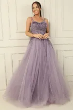 Strappy Neckline Feathered Sequin and Bead Embellished Lined Long Princess Evening Dress