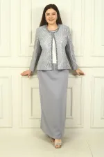 Ensemble 3 pièces grande taille pour femme : veste à sequins, chemisier à manches courtes, jupe longue doublée en crêpe