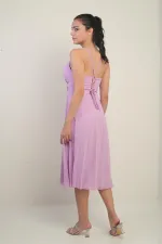 Women's Strappy Wrap Neckline Lined Lace-Up Back Flared Chiffon Dress