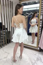 Women's Rope Strap Back Tie Underwire Skirt Layered Lined Satin Short Dress