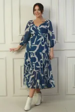 Madonna Yaka Astarlı Çapraz Bağlamalı Soyut Desen Kruvaze Şifon Elbise