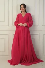 Önden Bağcıklı Balenli Astarlı Uzun Şifon Elbise