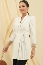 Shoulder Padded, Half Lined, One Side Pleated, Sleeve Chain Detailed Dress