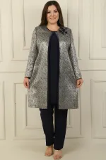 Sleeveless Blouse with Side Slits, Beaded Detail, Lined Long Jacquard Jacket and Trousers, Plus Size 3-Piece Set