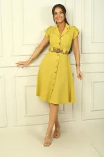 Women's Collared Off-Shoulder Double Pocket Belted Linen Effect Dress