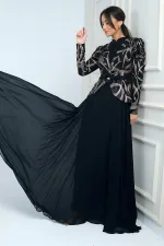 Kolları Büzgülü Güllü KEmer Detaylı Astarlı Üstü Yaldızlı Şifon Elbise