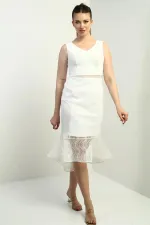 Women's V-Neck Lined Midi Lace Dress with Ruffled Skirt