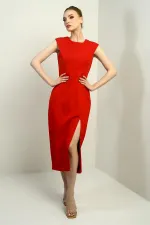 Kadın Kendinden Telalı Önü Yırtmaçlı Midi Elbise