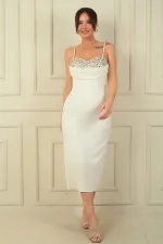 Kadın İp Askılı Göğüs Pulpayet Astarlı Balenli Midi Elbise