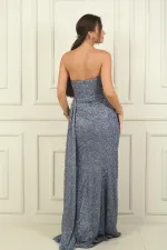 Kadın Straplez Önü Drapeli Astarlı Boncuklu Uzun Elbise