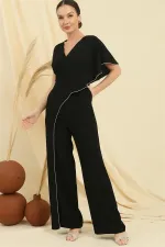 Kruvaze Yaka Tek Kollu Taş Detaylı Cepli Krep Tulıum