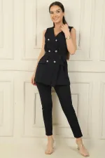6-Button Vest with Faux Pockets and Belt, Elastic Waist Slim-Fit Trousers - 2-Piece Set