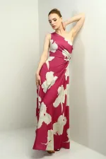 Kadın Tek Omuz Yandan Pencereli Büyük Yaprak Desenli Uzun Krep Saten Elbise