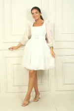 Women's Square Neck Long Sleeve Belted Pleated Organza Short Dress