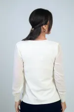 Kadın Merdiven V Yaka Kolları Şifon Kazak