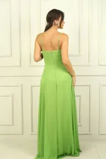 Kadın İp Askılı Drapeli Astarlı Şifon Uzun Elbise