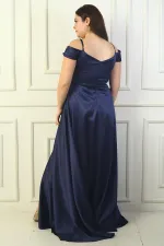 Kadın Ön Arka V Yaka İp Askılı Düşük Kol Taş İşlemeli Astarlı Büyük Beden Uzun Saten Abiye Elbise