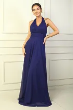 Kadın Boyundan Bağlamalı Taş Baskılı Astarlı Uzun Tül Elbise