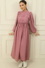 Lace Linen Effect Long Dress