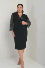 Kadın Kruvaze Yaka Beli Drapeli Elbise Kolları Tül Ceket Astarlı Pul Detaylı Büyük Beden 2'li Takım