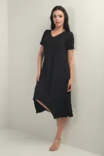 Women's V-Neck Asymmetrical Midi Dress with Angel Wing Chain Detail at the Back