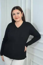 Chemisier grande taille à rayures et imprimé pierre sur le devant, col en V, en maille côtelée à fil froid.