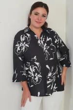 Chemisier grande taille à col polo et manches trois-quarts pour femme, motif abstrait