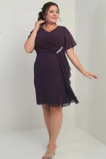 Women's Shoulder and Waist Crystal Stone Lined Handkerchief Plus Size Chiffon Dress