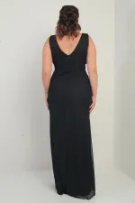 Kadın Ön Arka V Yaka Astarlı Önü Dapeli 3 Boyut Çiçekli Büyük Beden Tül Uzun Elbise