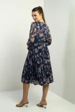 Women's Wrap Neckline Belted Lined Pleated Patterned Midi Chiffon Dress