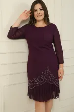 Plus Size Crepe Dress with Chiffon Pleated Sleeves and Stone Detail on the Hem